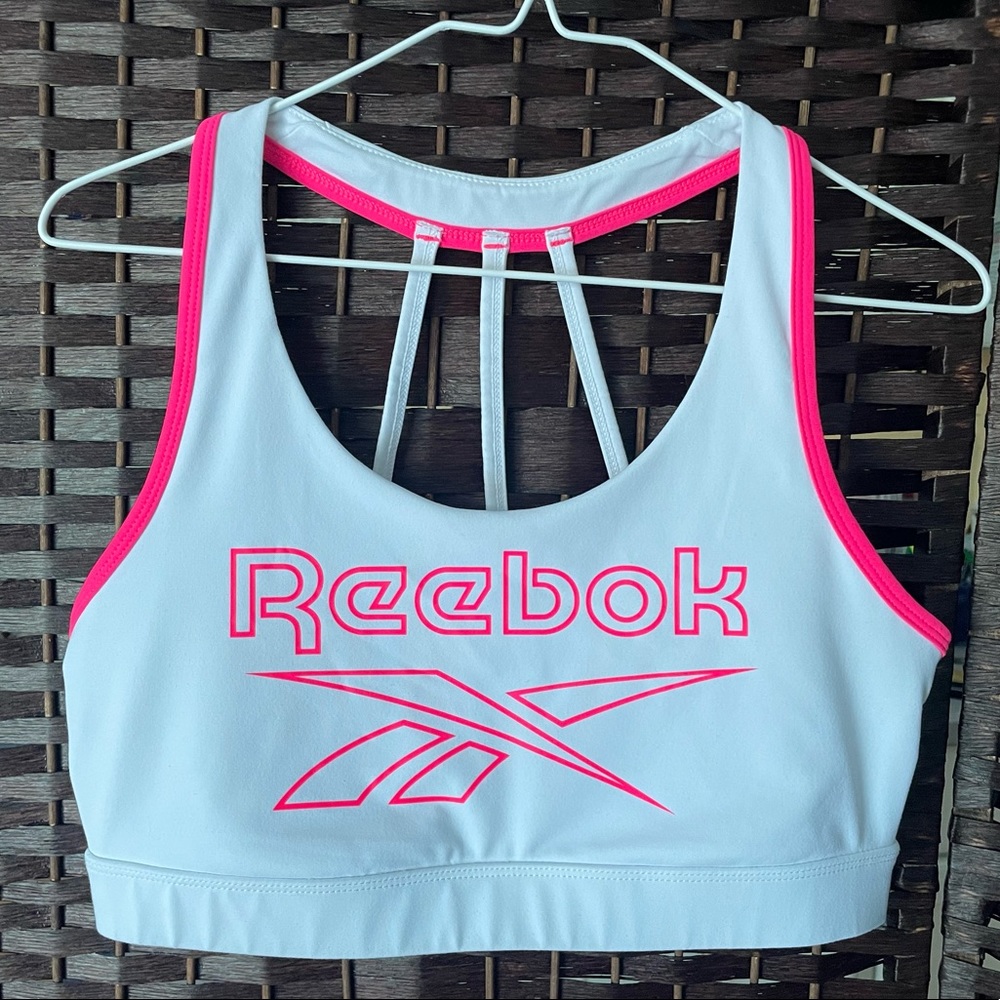 Reebok Neon Pink and White Racer Back Sports Bra - Size Womens Large